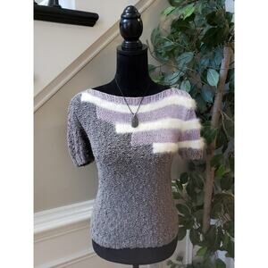 Handmade By Minuche Sweater Mohair Large Gray Purple Knit Short Sleeve Boat Neck